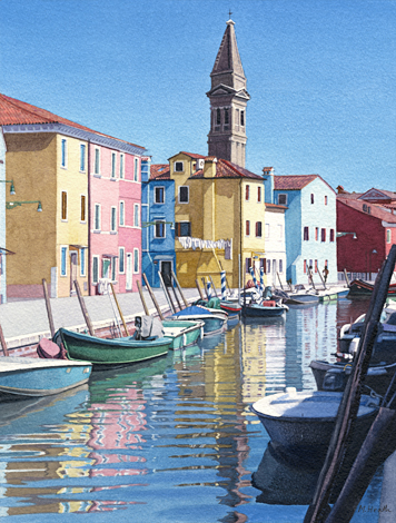 A watercolour painting of coloured houses reflected in a canal on Burano, Venice by Margaret Heath RSMA.